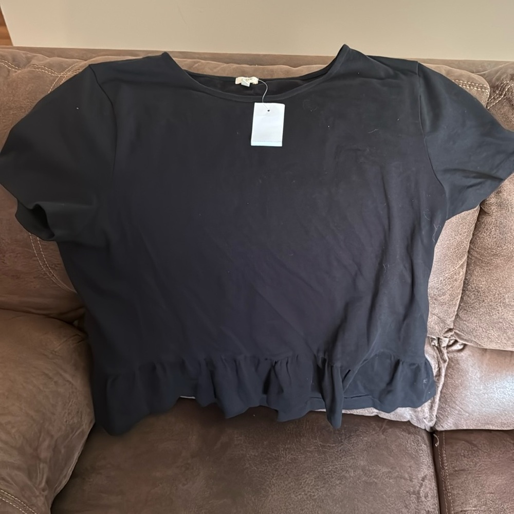 J Crew Black Ruffle Trim Short Sleeve Tee